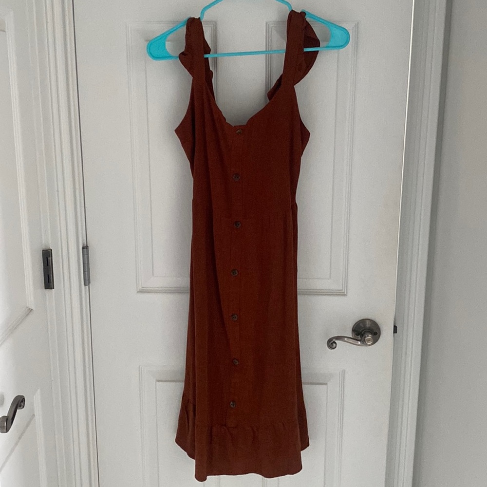 Burnt orange ruffle sleeve midi dress size small